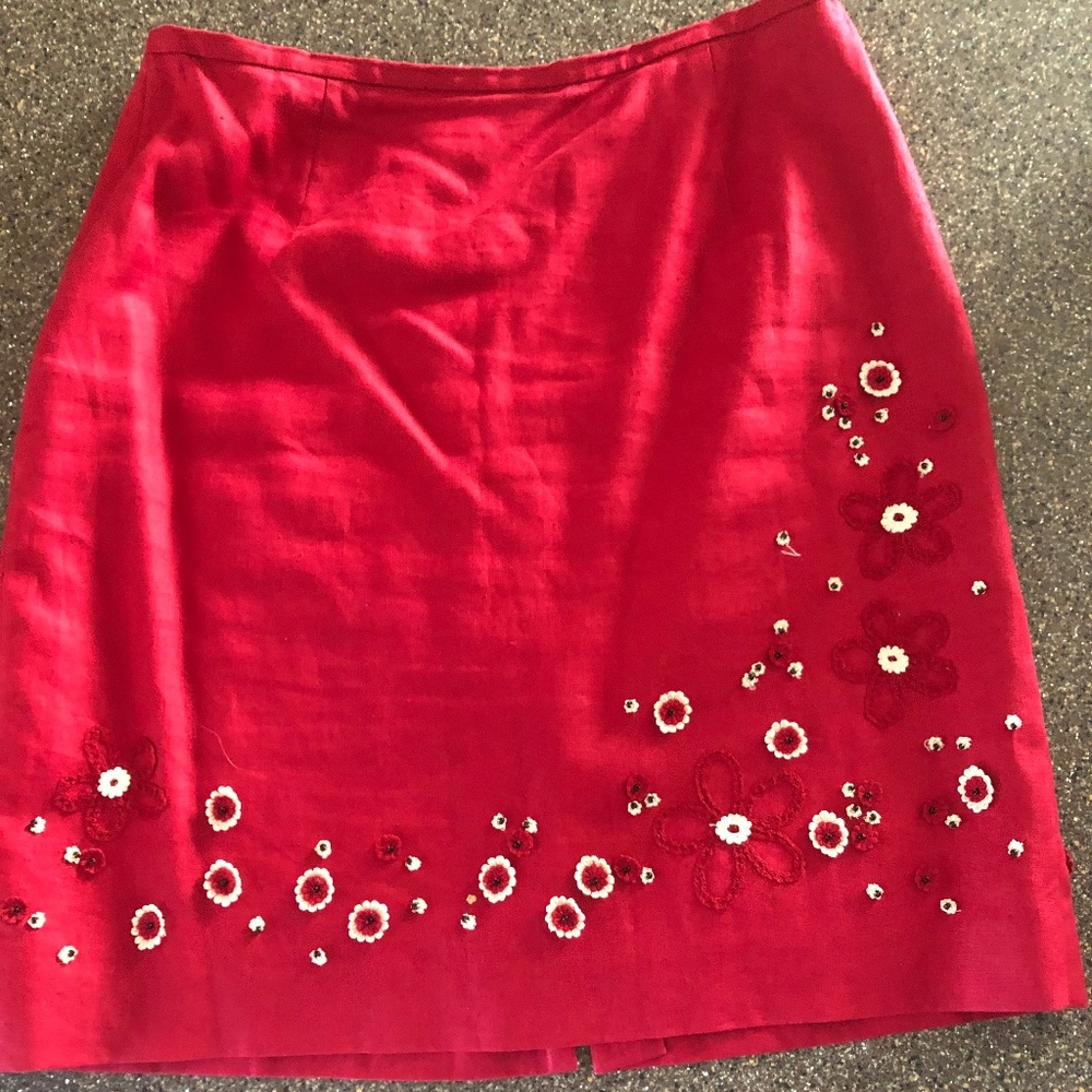 Ann Taylor Deep Red Linen skirt with embroidery